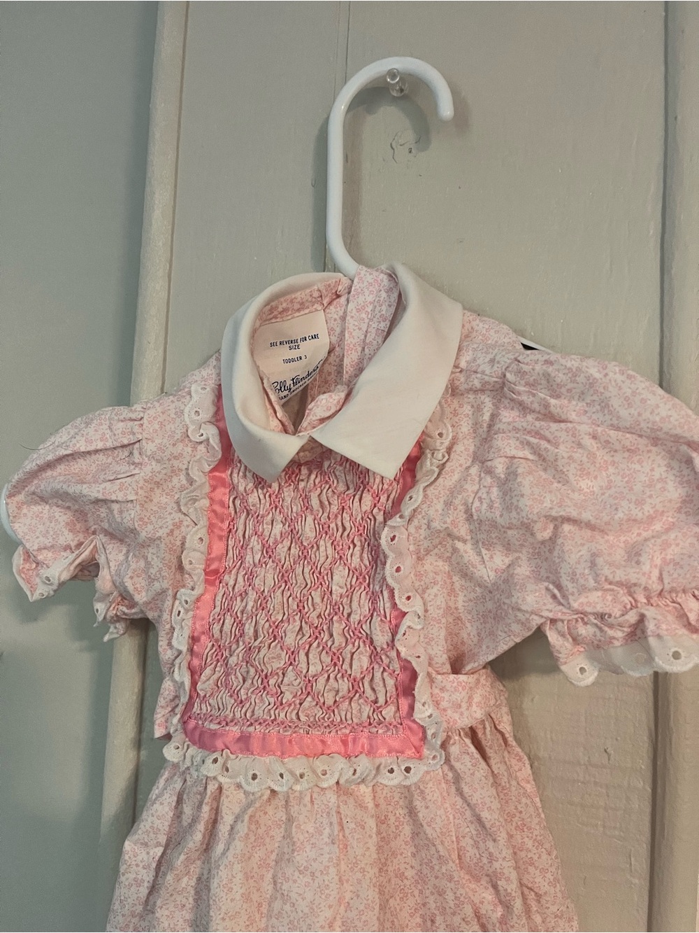 Vintage 1950s Polly Flinders Little Girls Pink Smocked Dress with White Collar
